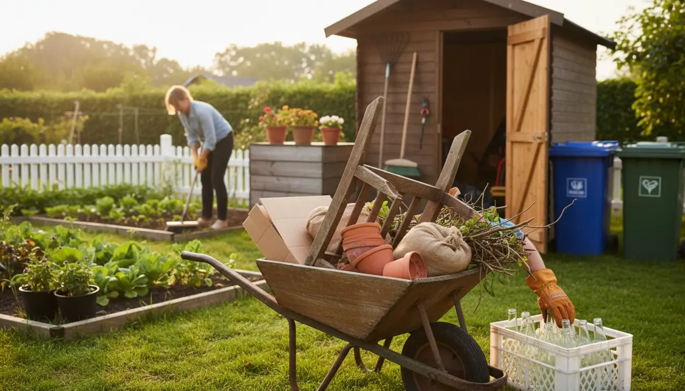 Sortering og tømning af skrald i en lille kolonihave med trillebør, sække og haveredskaber.