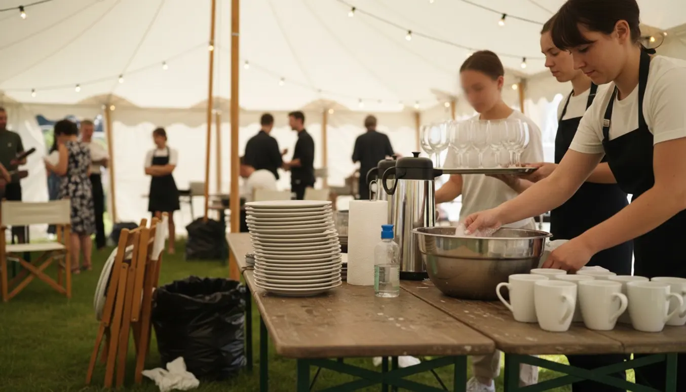 Hænder rydder op efter havefest i telt med opvask, kaffekande og stabler af tallerkener.