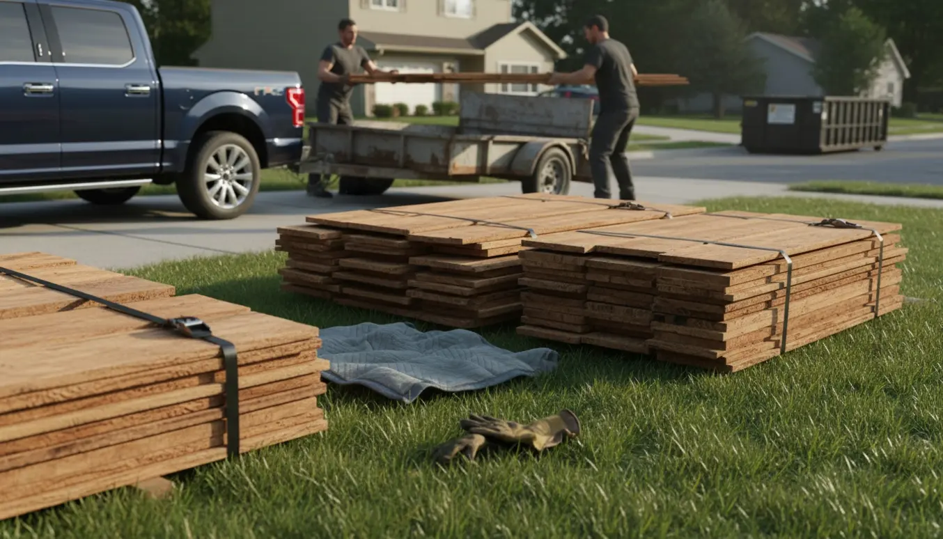 Stabel trægulv og strøer ved en trailer på græs, klar til at blive kørt væk.
