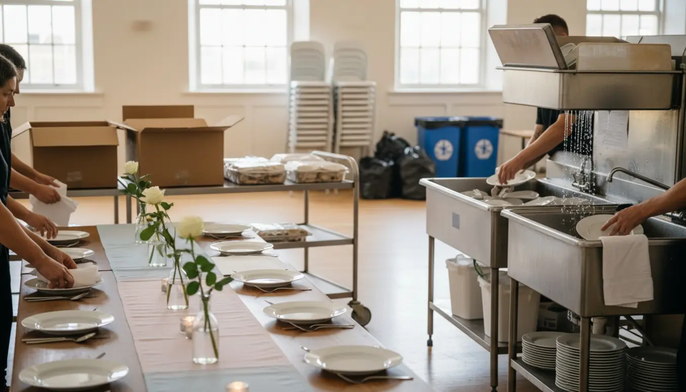 Opsætning og oprydning til barnedåb med dækkede borde, cateringkasser og opvask i gang.