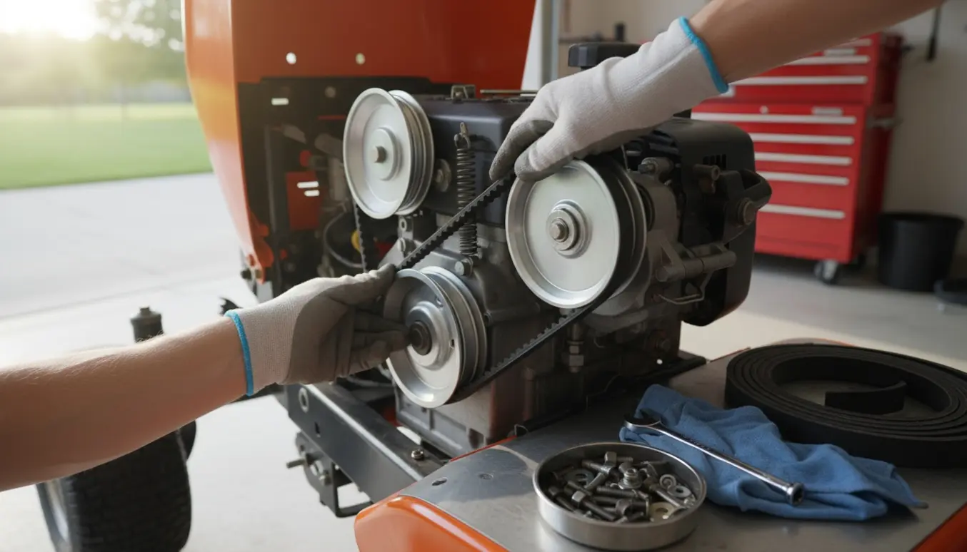 Nærbillede af hænder, der monterer en ny drivrem på en havetraktor med værktøj ved siden af.