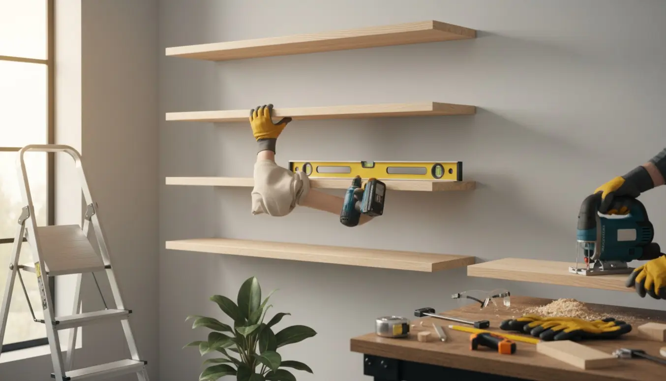 Hænder monterer fem svævehylder på en væg; en hylde afkortes på et arbejdsbord med sav og træspåner.