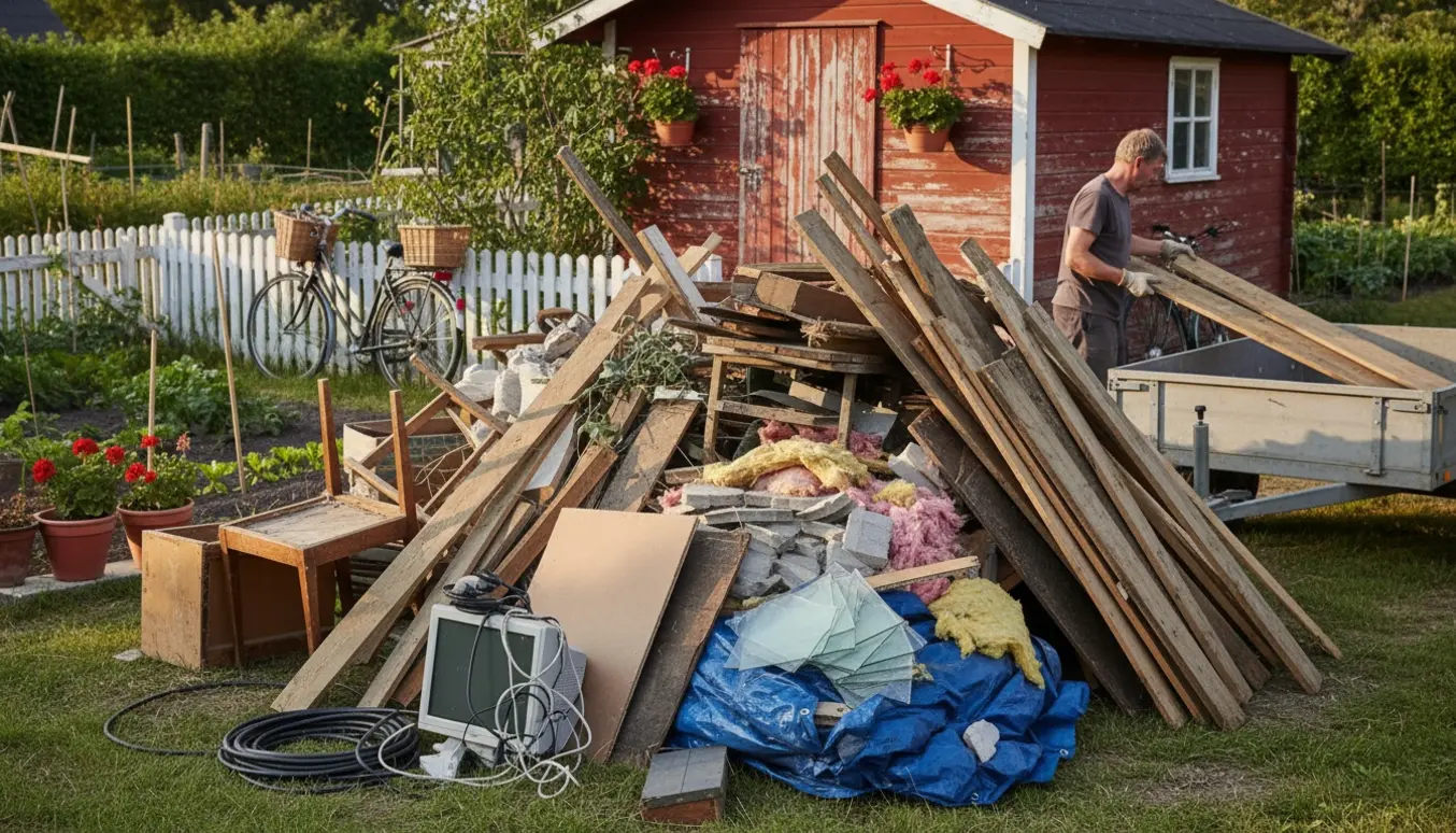 Storskrald og byggeaffald stablet ved en kolonihave i Kløvermarken, Amager, klar til afhentning.