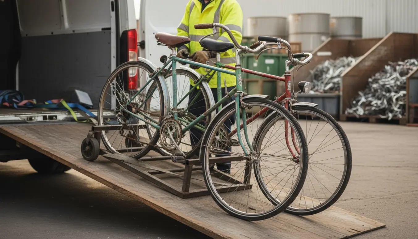 Tre gamle cykler læsses ind i en varevogn ved en genbrugsplads.