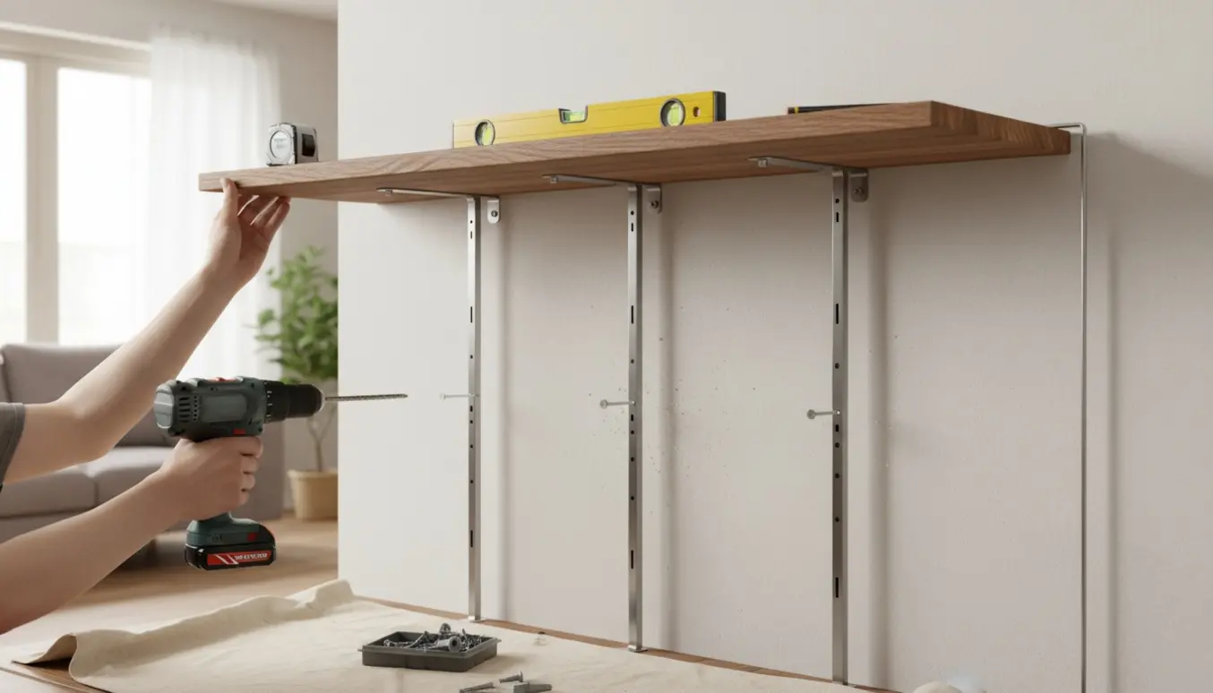 Hænder monterer en stor træhylde med tre metalstænger på en væg ved hjælp af bor og skruer.