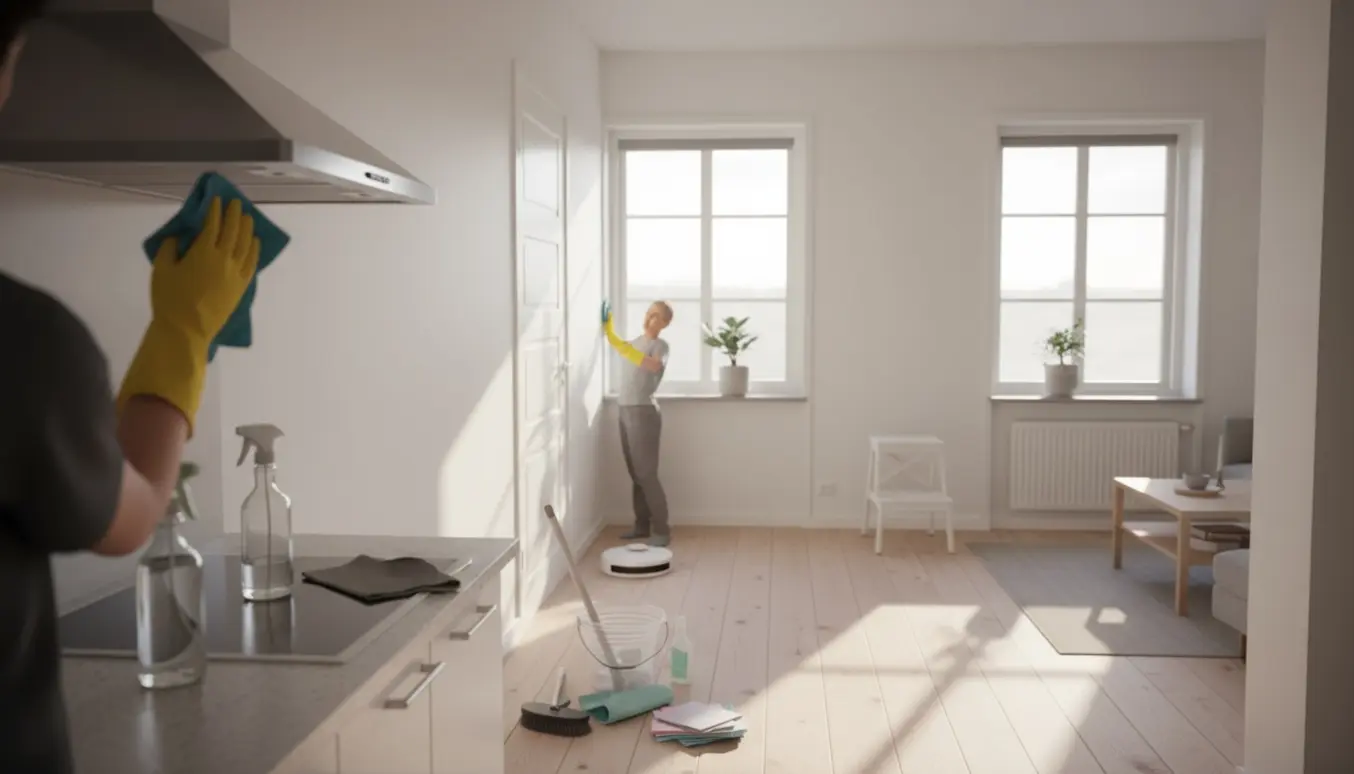 En person i gule handsker tørrer en emhætte i en lys og minimalistisk københavnsk lejlighed med rengøringsmidler på køkkenbordet.