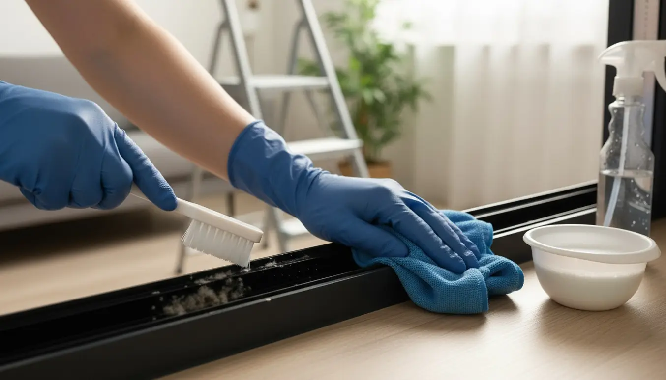 Nærbillede af handskerede hænder, der renser skimmelsvamp fra en gummiliste i et vindue med børste, klud og rengøringsspray.