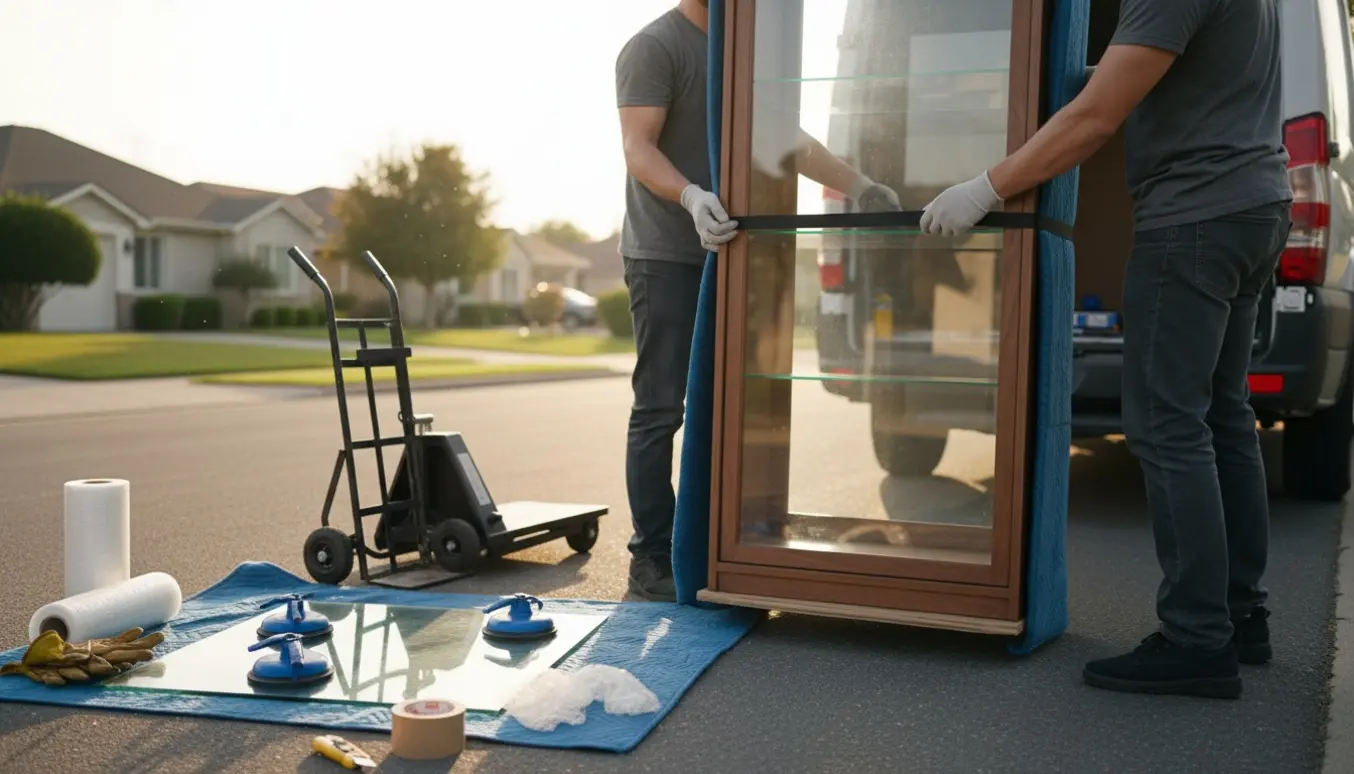 To personer læsser et glasvitrineskab ind i en varevogn, pakket ind i tæpper og sikret med stropper.