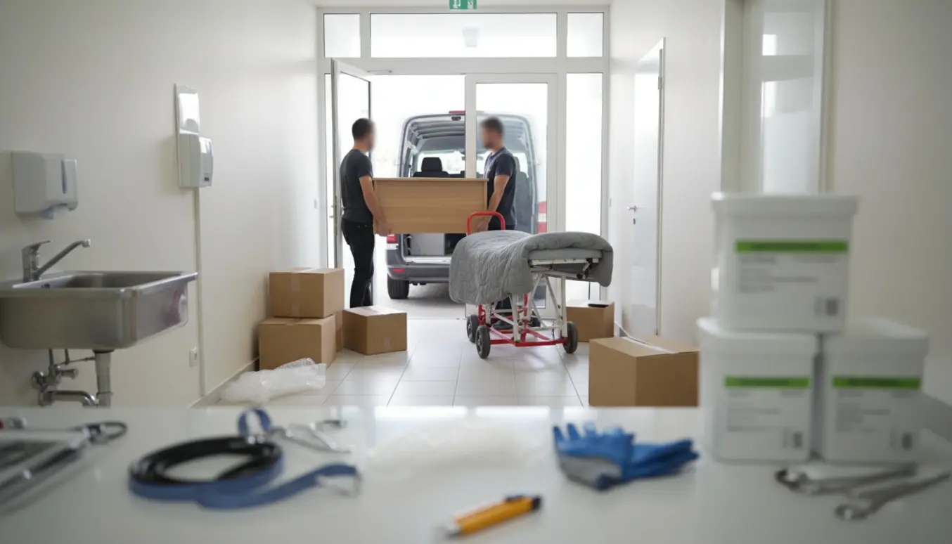 Flyttefolk pakker skriveborde og en briks i en klinik ind i en varevogn i dagslys.