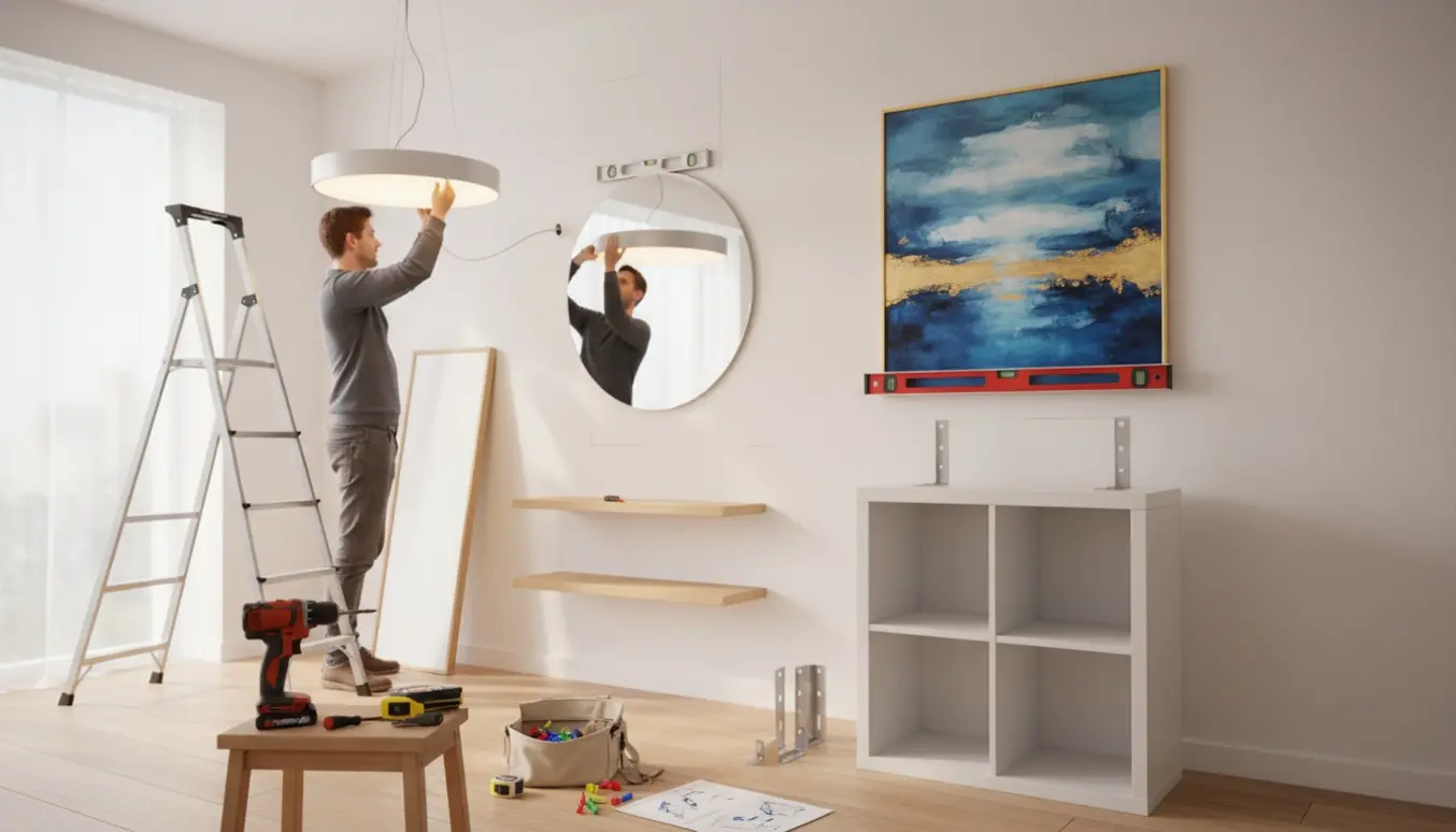 Hænder monterer to loftslamper og hænger spejl, billede og hylder i et lyst, ryddeligt opholdsrum med værktøj i forgrunden.