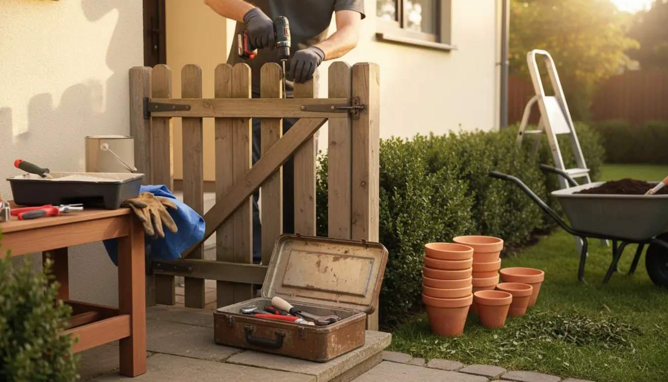 Handskerede hænder og værktøj ved arbejde på hus og have i varmt naturligt lys.