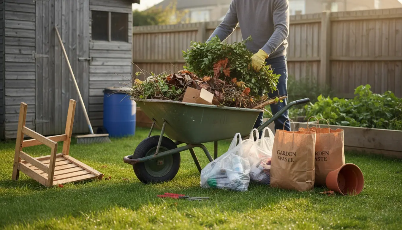 En person med handsker læsser haveaffald og skrald i en trillebør i en solbeskinnet baghave.