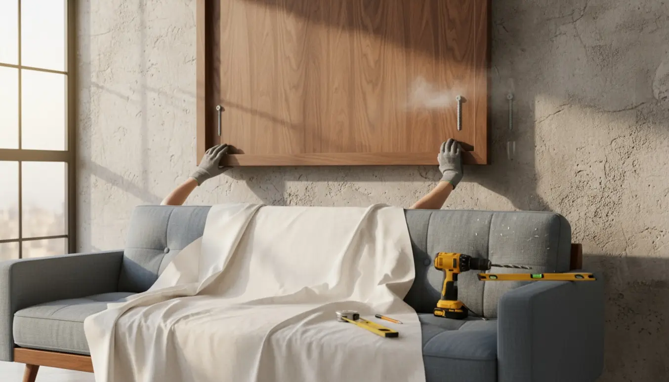 Stor billedramme hænges op over en sofa på en betonvæg med boremaskine, rawlplugs og vaterpas.