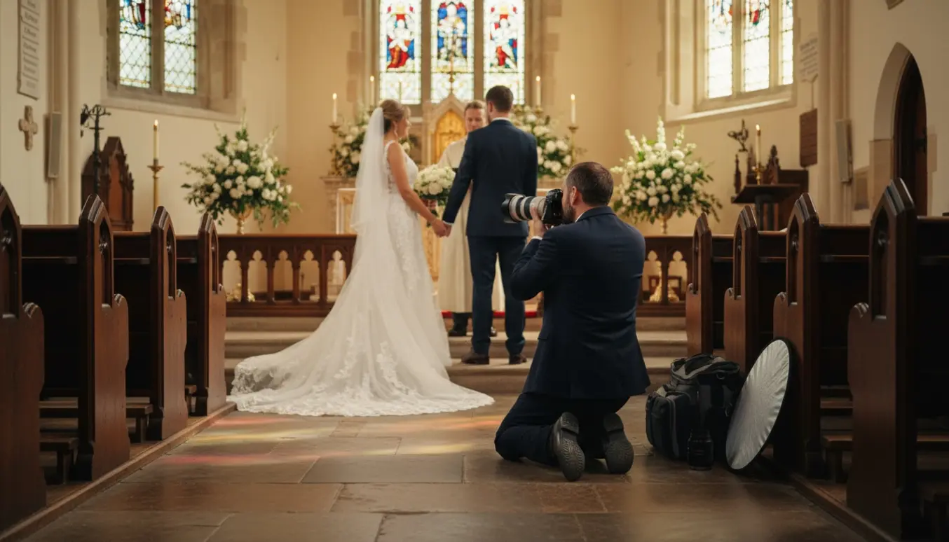 Bryllupsfotograf i kirke fotograferer brudeparret med kamerautstyr i forgrunden og et solbelyst portrætmoment udenfor gennem døren.
