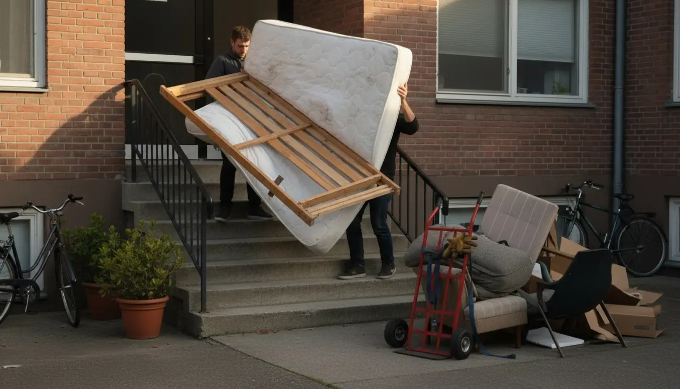 To personer bærer en dobbelseng ned ad udendørs trappe mod storskrald ved bygningen.