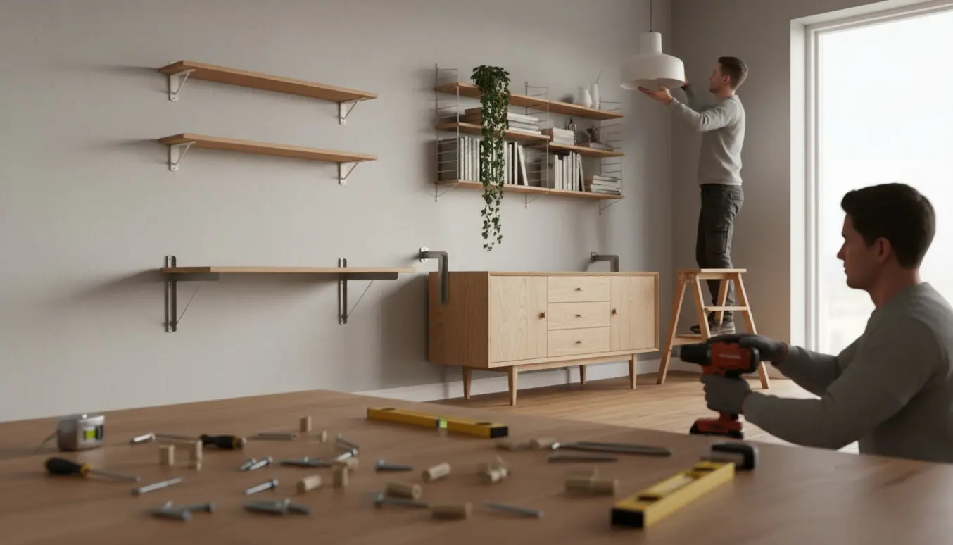 Håndværker monterer hylder, et vægmonteret skrivebord og en loftslampe i et lyst skandinavisk rum med værktøj på gulvet.