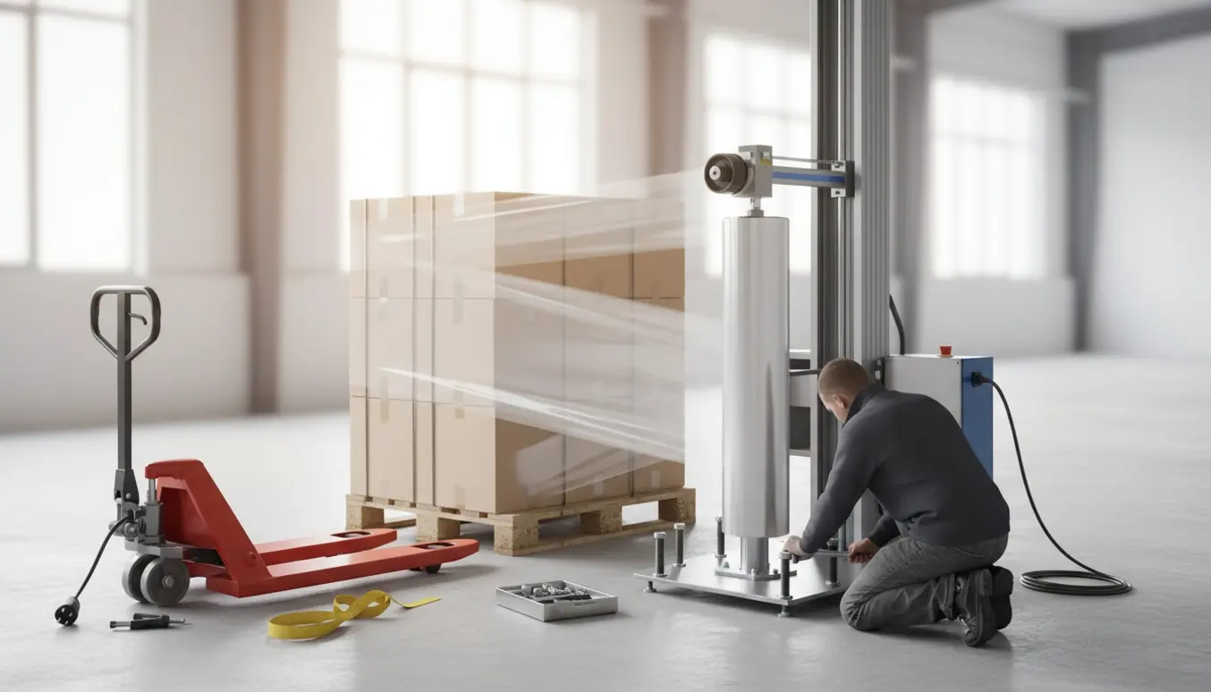 Tekniker monterer tårn og film på en palleviklingsmaskine i en lagerhal.