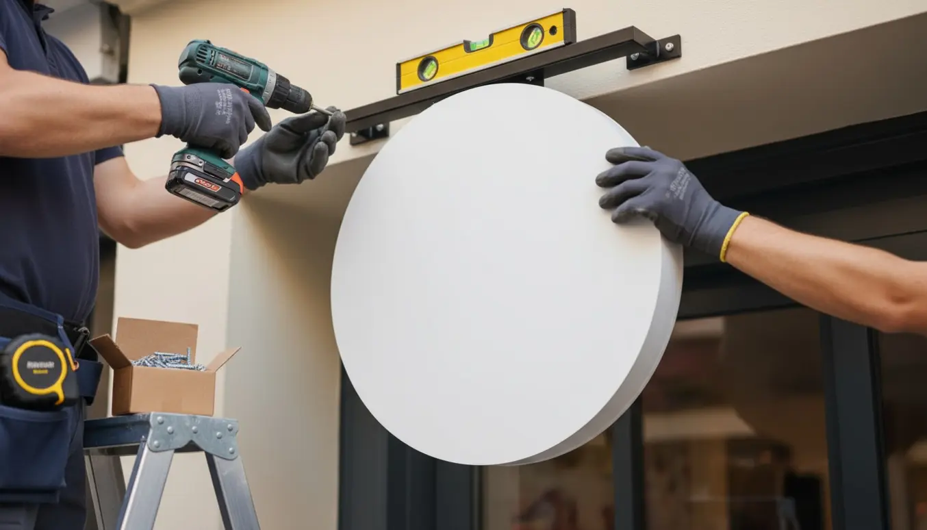 Håndværker på stige monterer et rundt, blankt udhængsskilt over en butik.