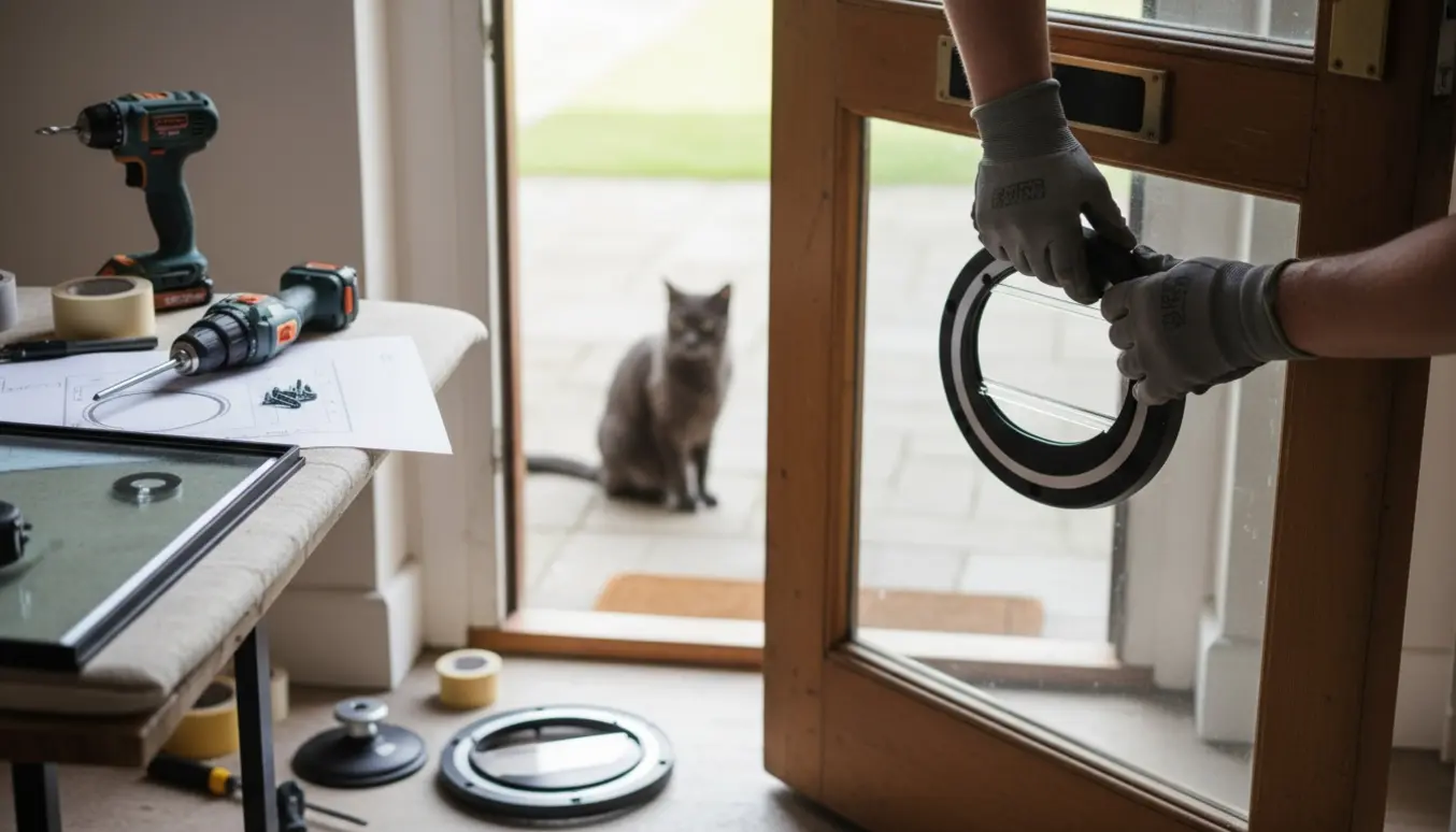 Håndværker monterer en automatisk chipkattelem i termoruden på en ældre dør med værktøj omkring.