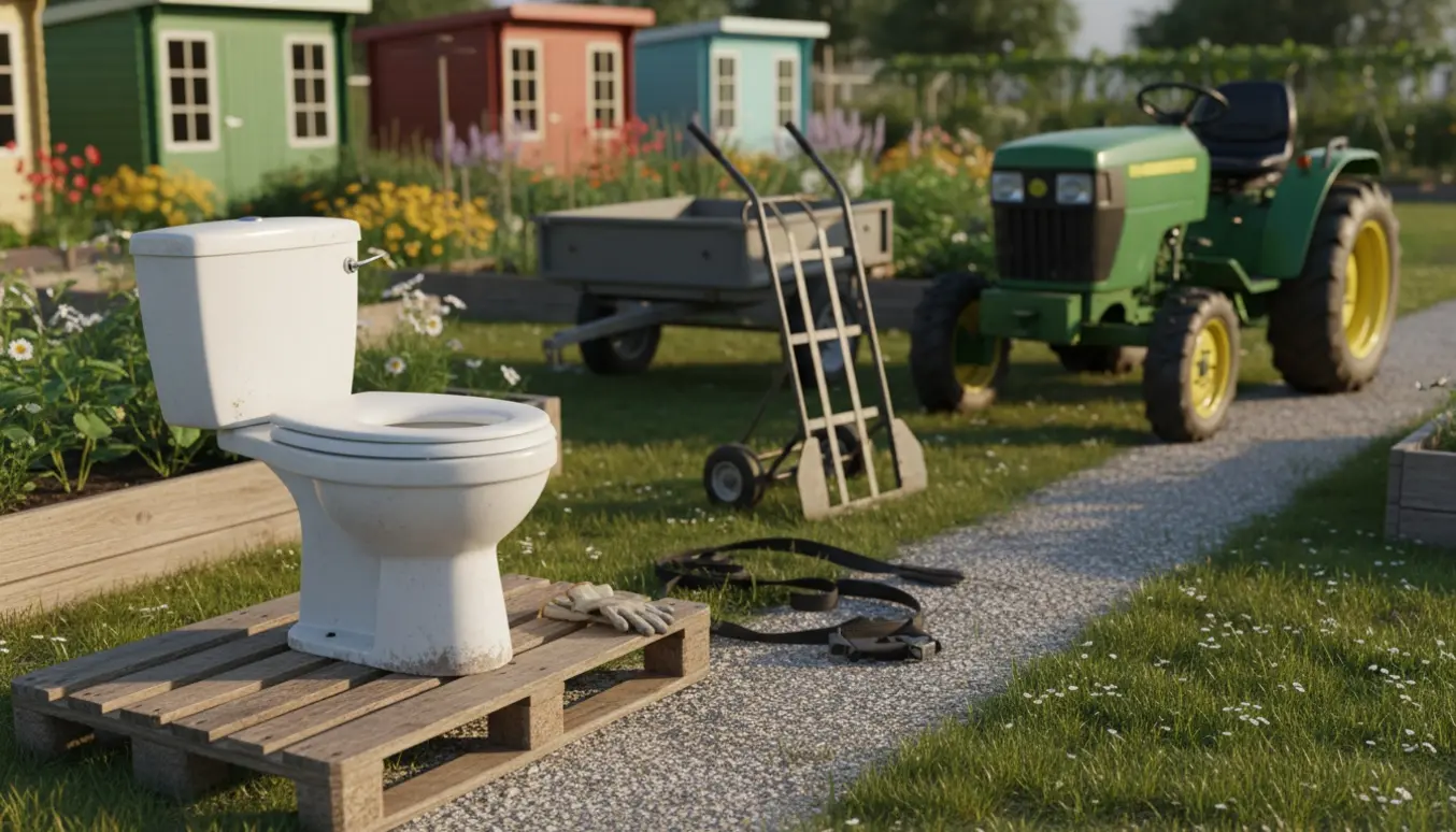 Et afmonteret toilet står i en kolonihave klar til at blive læsset på en lille trailer.