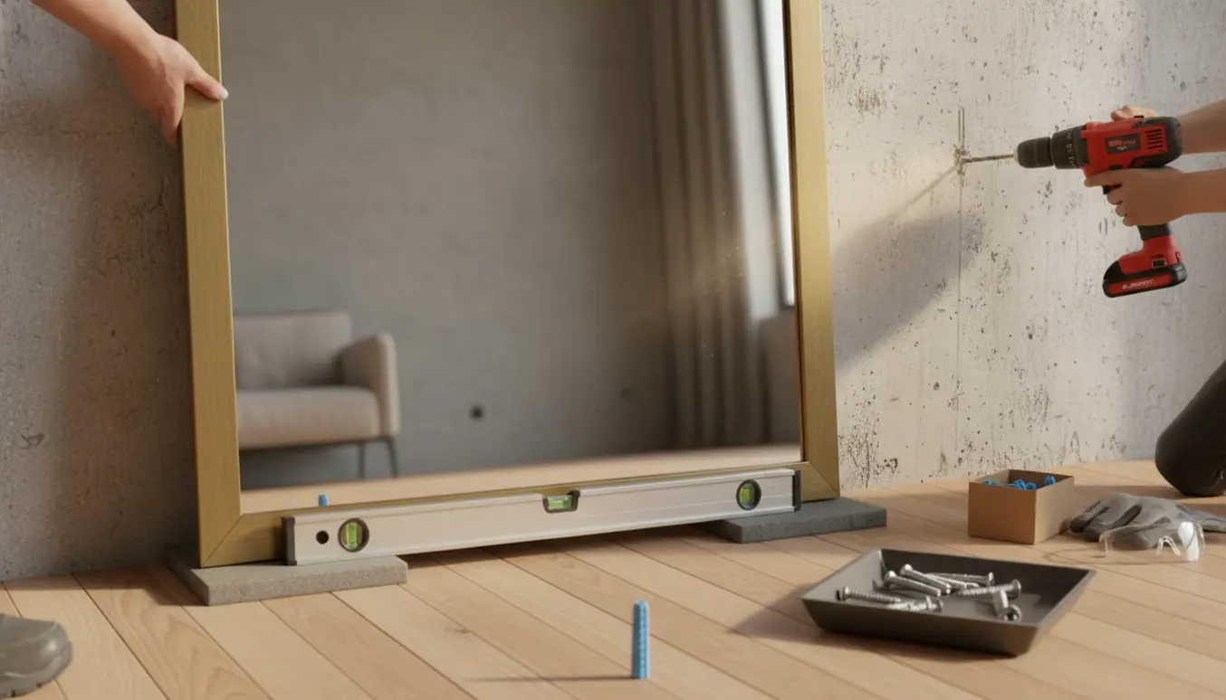 Hænder monterer et tungt spejl på en betonvæg med boremaskine, rawlplugs og skruer i naturligt dagslys.