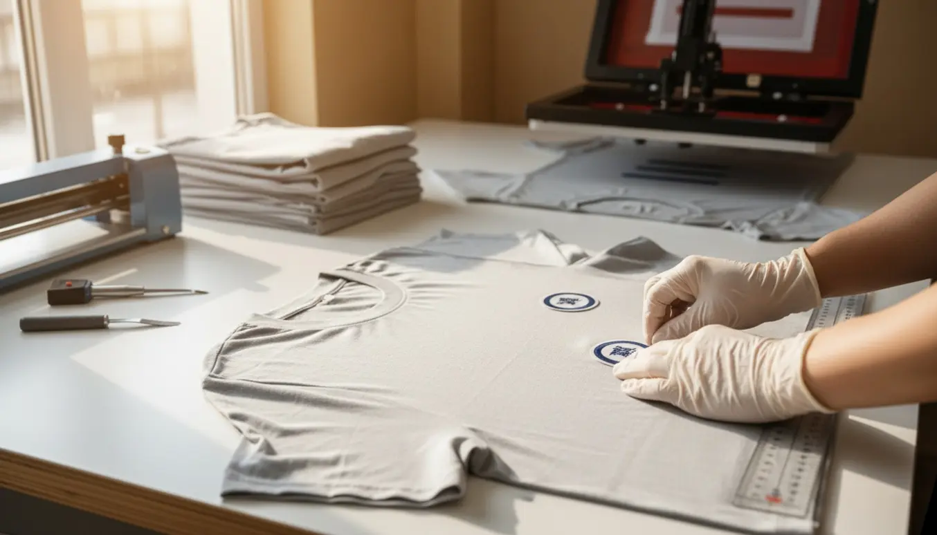 Nærbillede af t-shirt-tryk i et lyst værksted med logo ved venstre bryst og layout til tekst på ryggen.