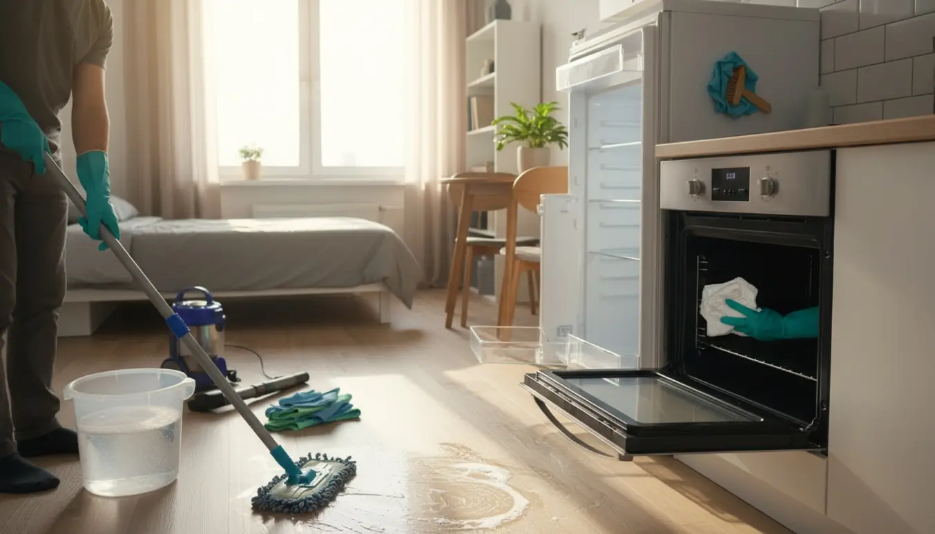 Lyst, kompakt lejlighedsinteriør med rengøringsudstyr, åben ovn og køleskab under grundig rengøring.