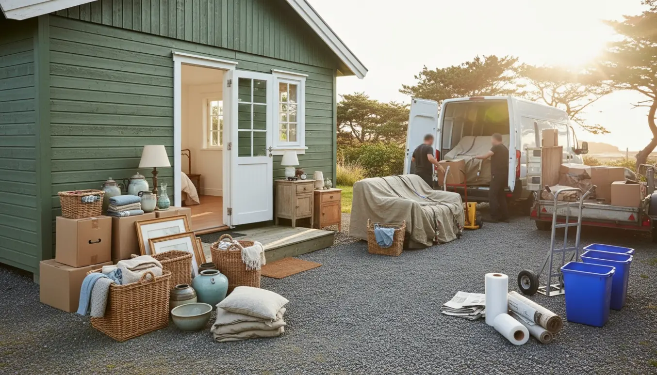 Sommerhus tømmes: møbler og nips læsses på en varevogn klar til genbrug.