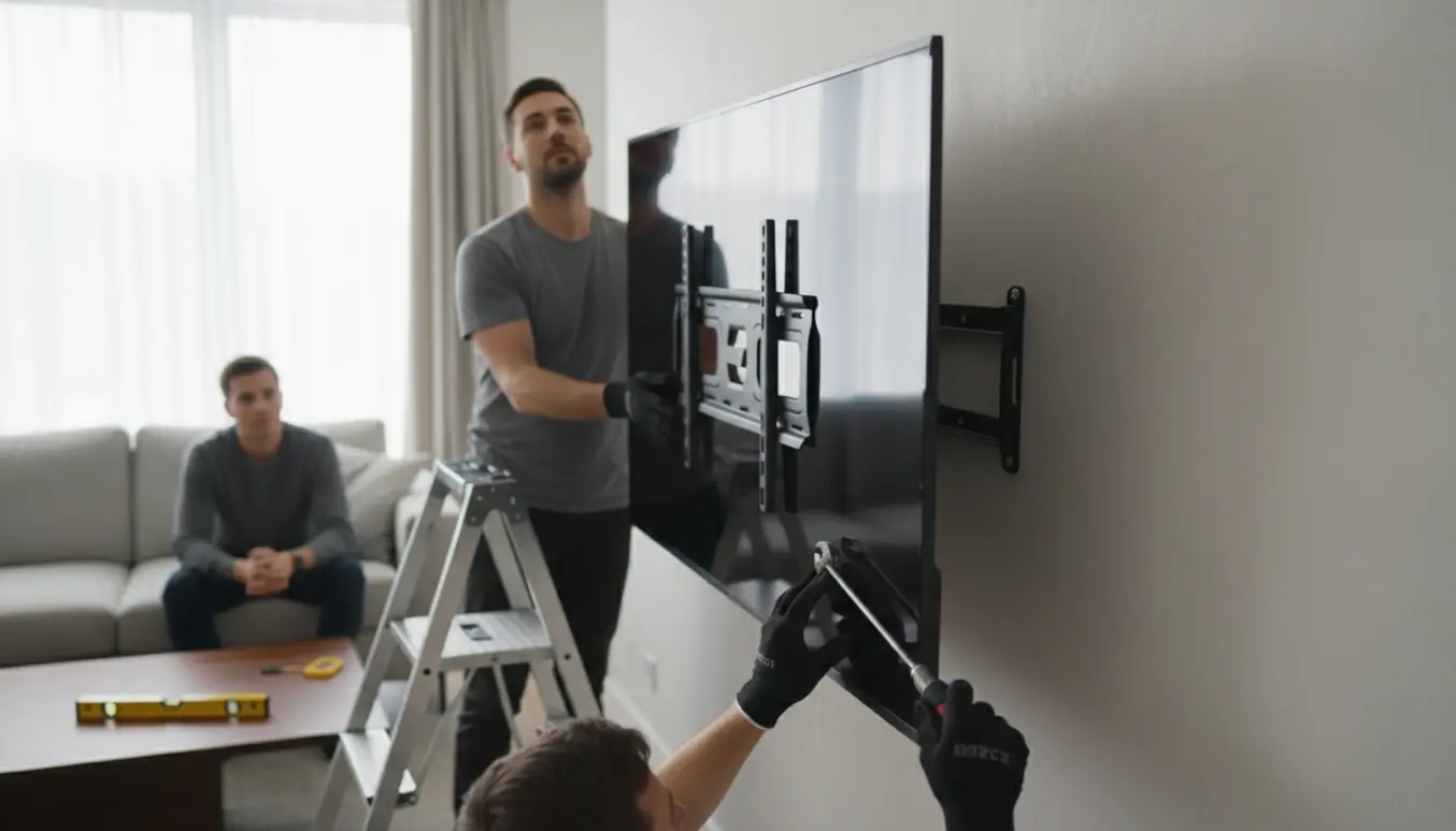 To teknikere monterer et 65 tommer fladskærms-tv på en væg i en lys stue uden synlige ansigter.