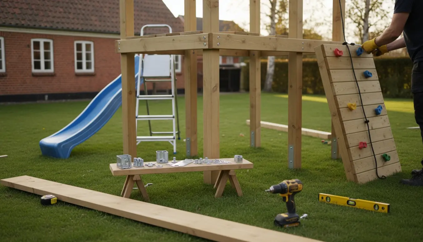 Delvist samlet trælegetårn i en dansk have med værktøj og hænder, der bruger en boremaskine.