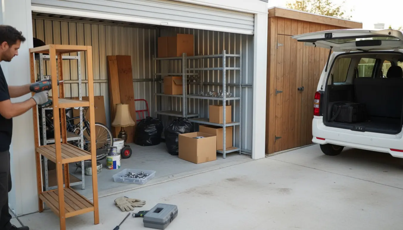 Åbent lagerrum og cykelskur under oprydning med afmonterede hylder, flyttekasser og varevogn ved indkørslen.