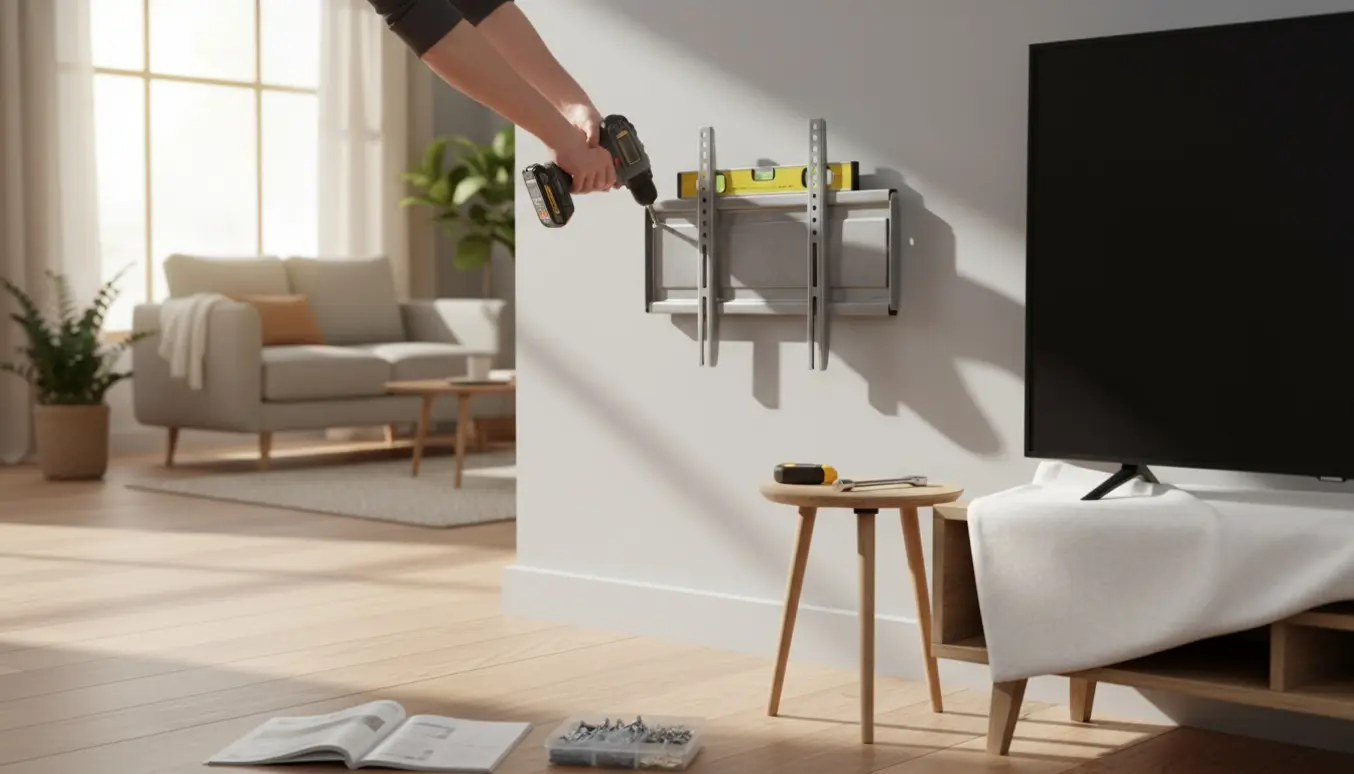 Halvmonteret TV‑ophæng på væg med hænder, boremaskine og værktøj klar til at færdigmontere.