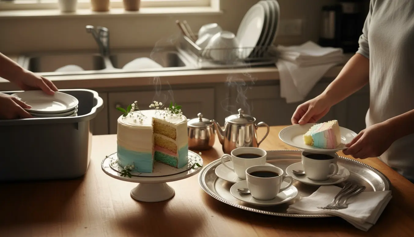 Hænder serverer kaffe og kage ved et bord efter barnedåb med opvask i baggrunden.