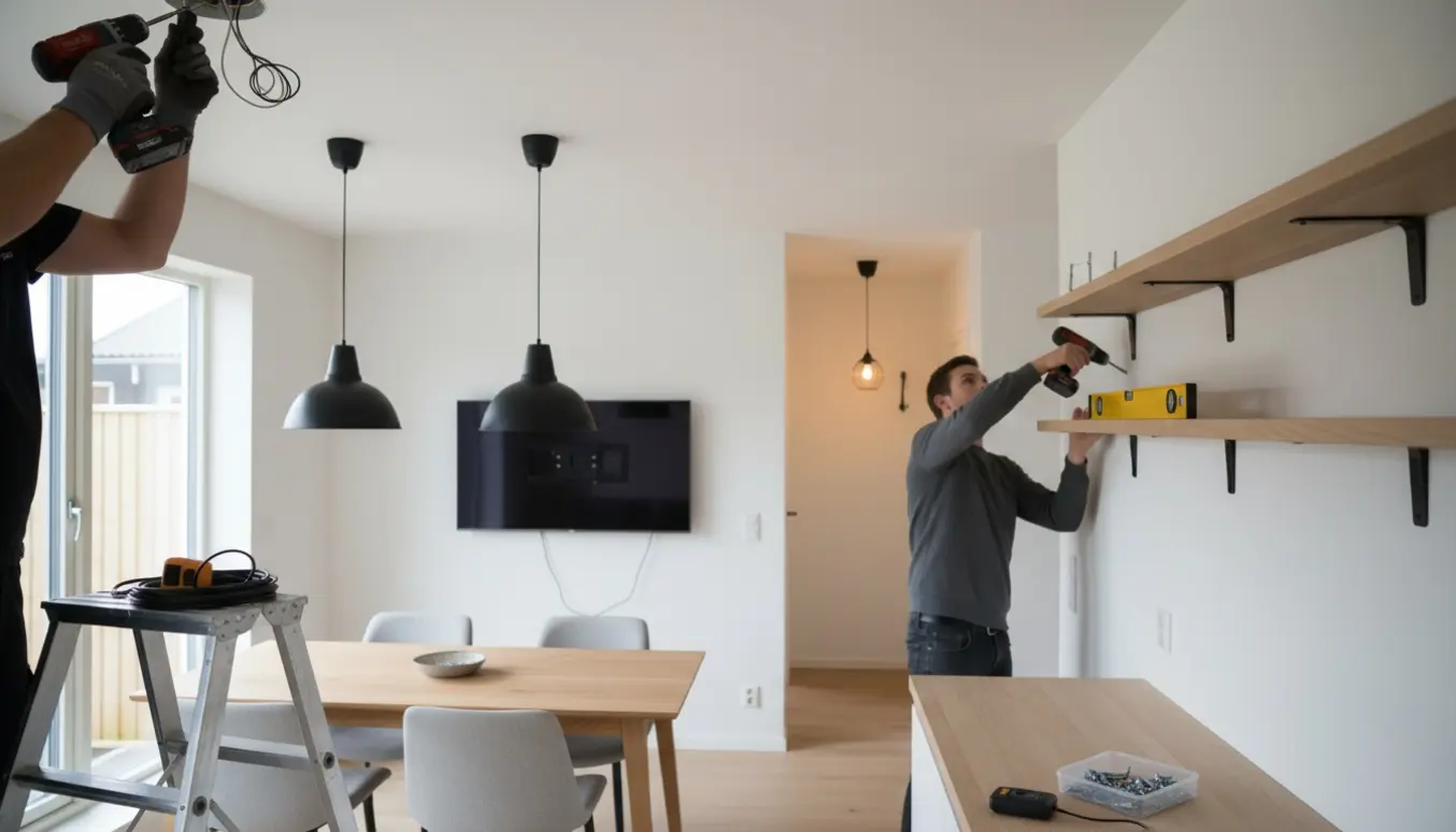 En håndværker monterer en pendellampe i et moderne stue-køkken med nyopsatte hylder og vægmonteret TV.