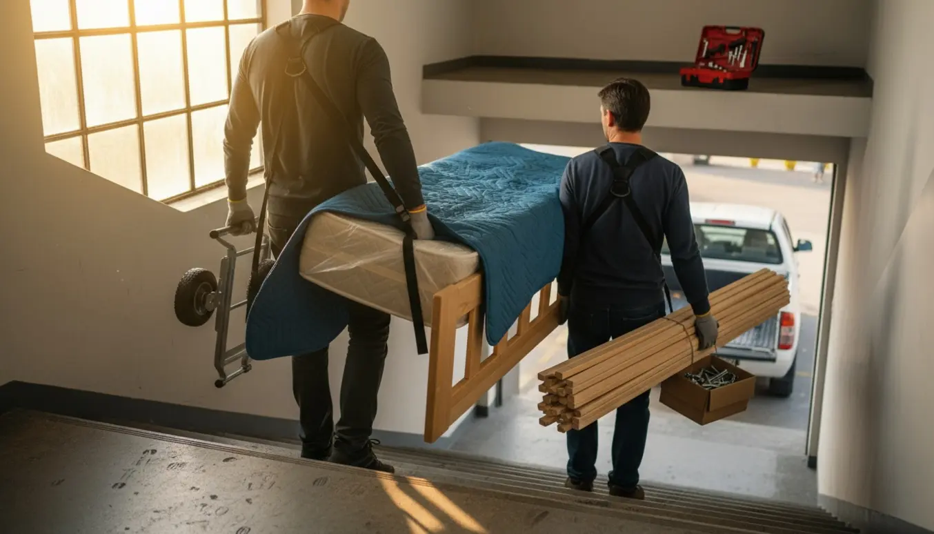 To personer bærer en 90x180 cm madras og adskilt sengestel ud gennem en opgang mod en varebil med flyttetæpper og værktøj.