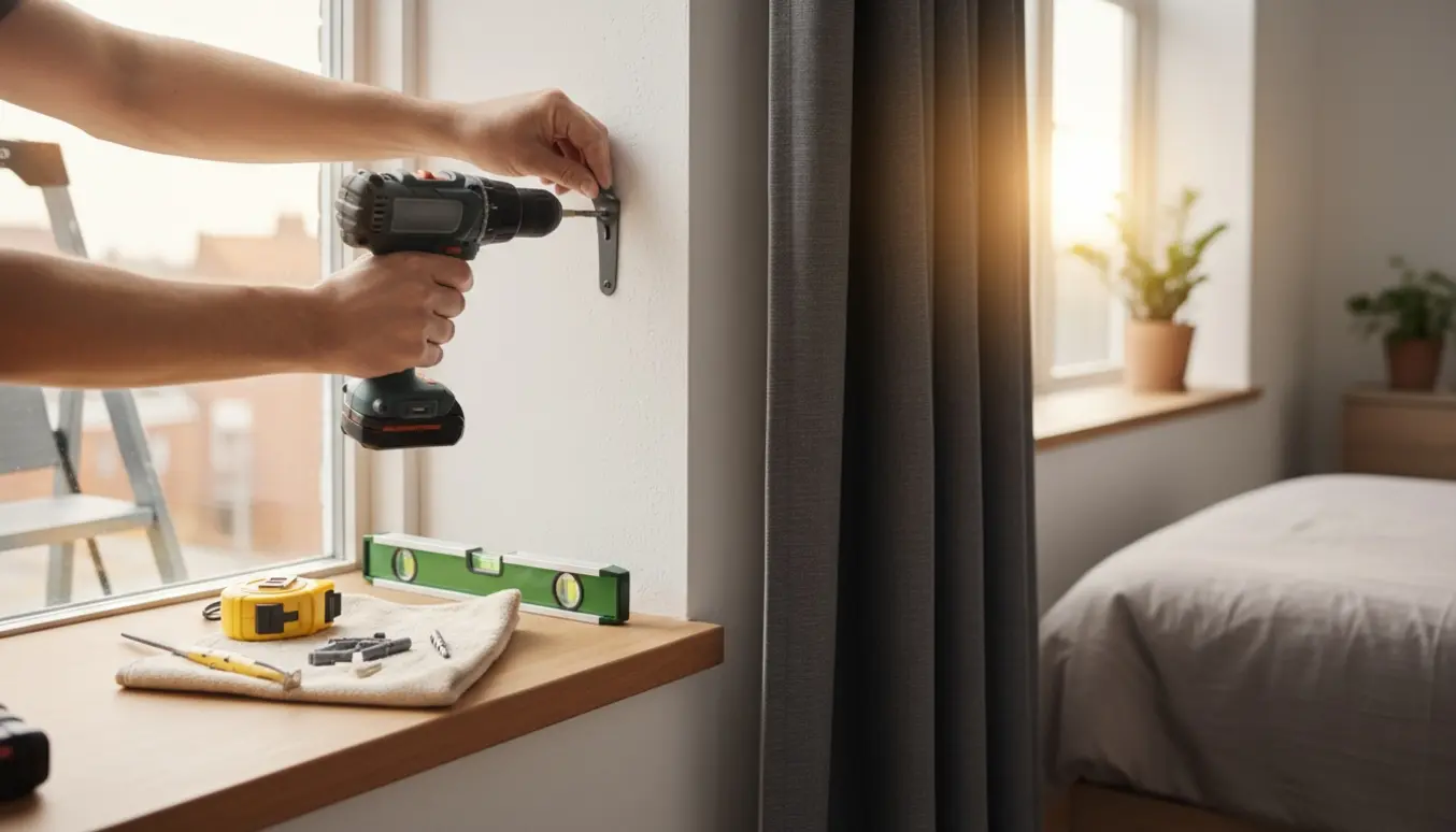 Hænder monterer en metal gardinestang over et vindue til et mørklægningsgardin.