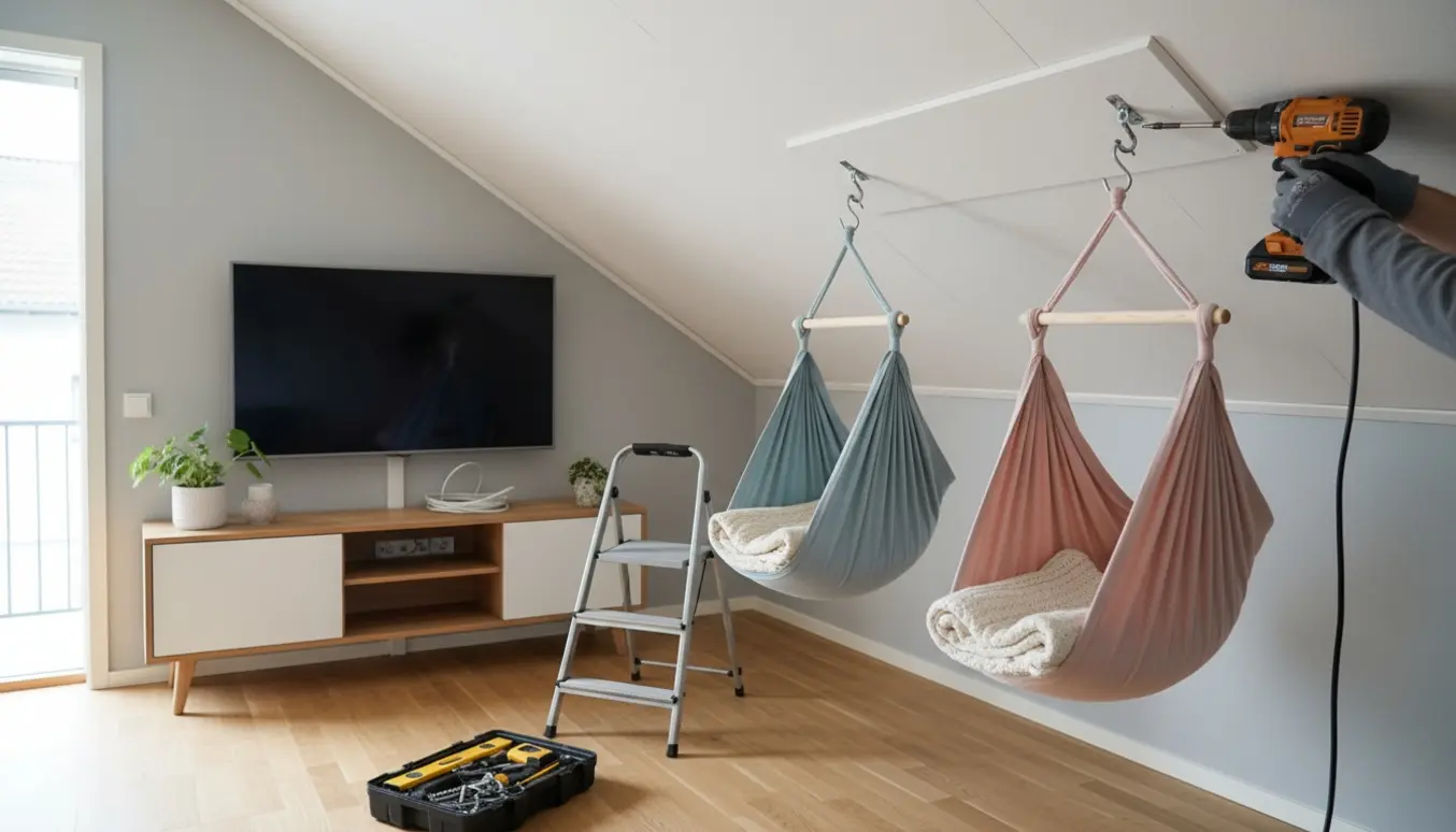 Fagmand monterer et vægmonteret fjernsyn og to hængende slyngevugger i et lyst rum med skråvæg og gipsloft.