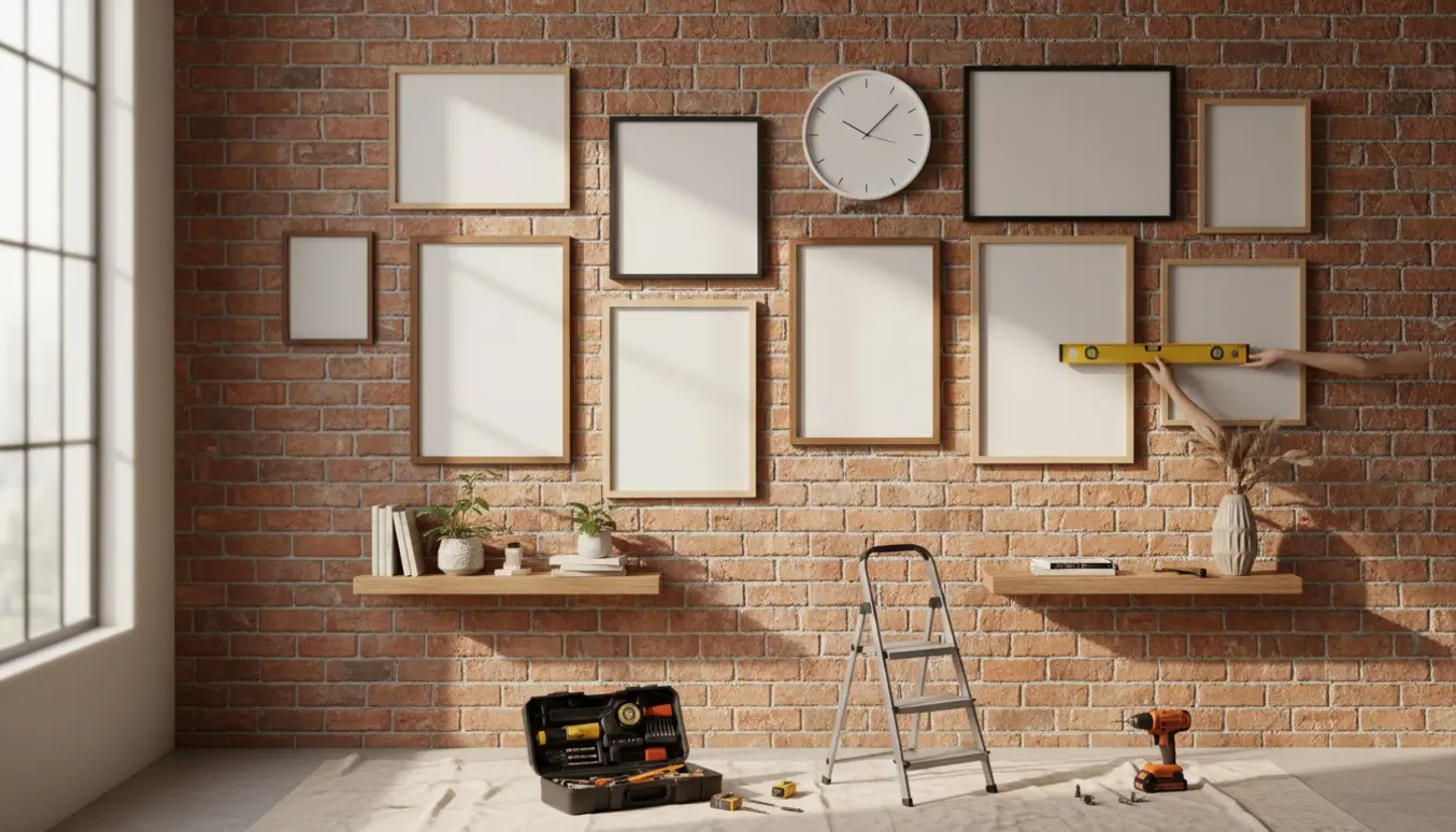Murstensvæg med 10 rammer, to runde ure og to hylder under ophængning, værktøj og en stige i forgrunden.