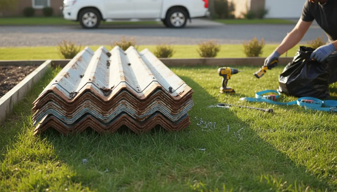 Bunke af gamle trapeztagplader i en have med arbejdshandsker og en magnet til at samle løse skruer.