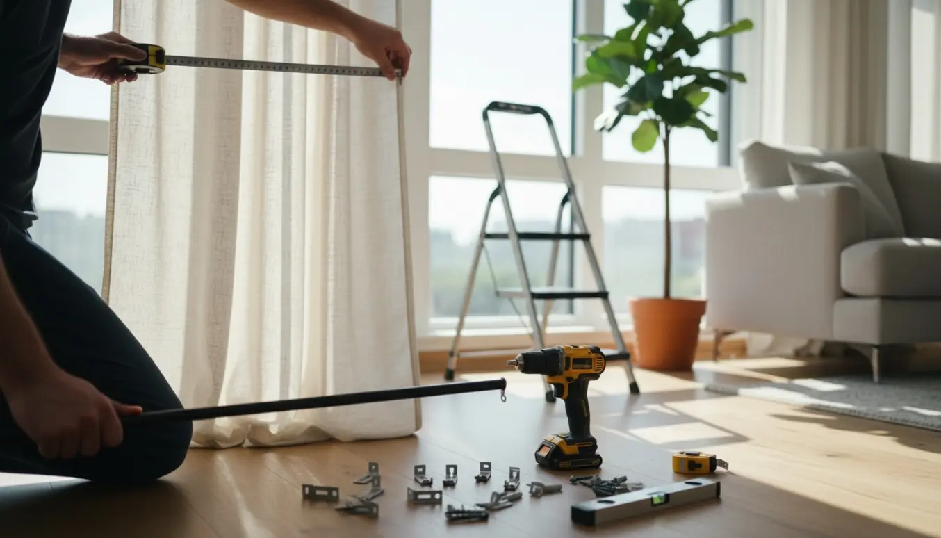 Installatør måler et vindue og holder gardin i en lys, moderne stue.