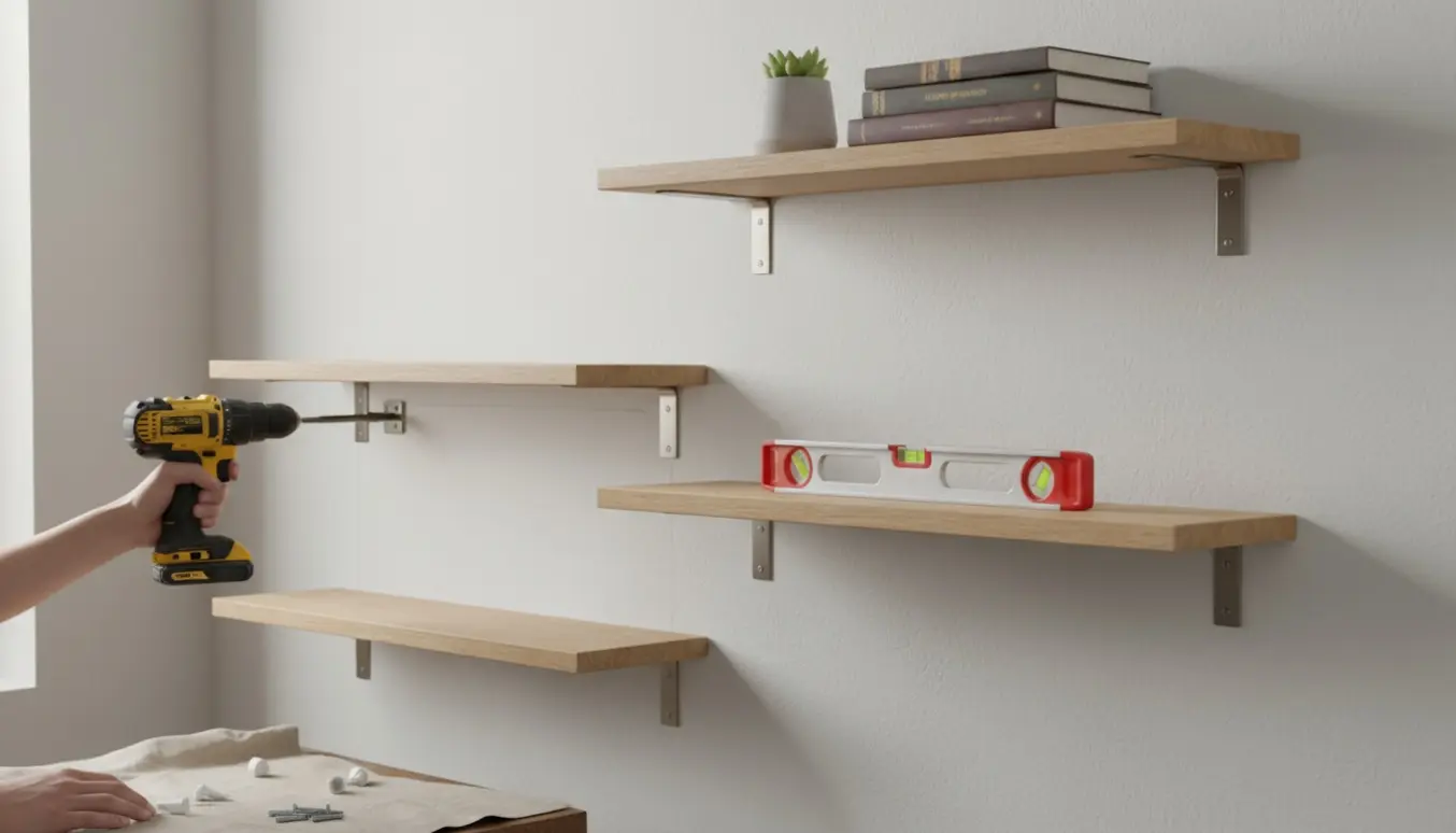 Nærbillede af hænder, der skruer hylder op i en gipsvæg med boremaskine og plugs.