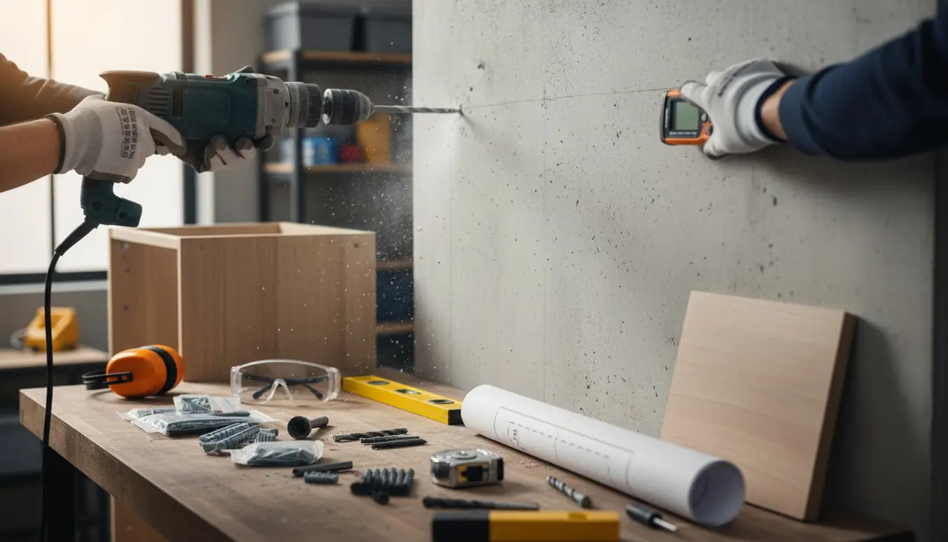Nærbillede af montering af vægskab på betonvæg med borehammer, multiscanner og monteringsmaterialer.