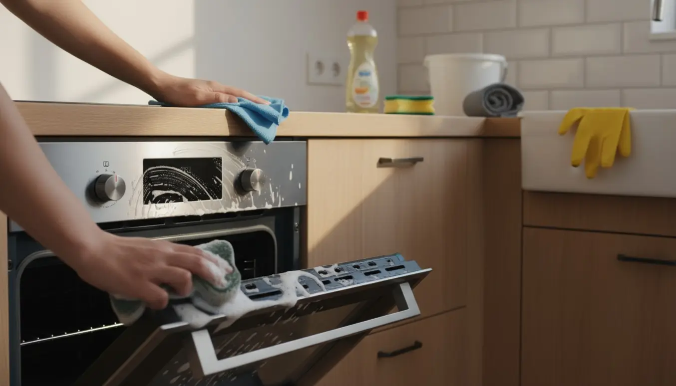 Nærbillede af hænder, der skrubber ovnbund og aftørrer køkkenbord med rengøringsmidler og en handske på bordet.