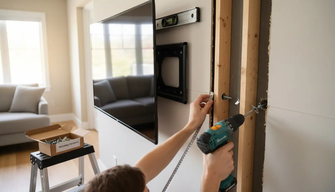 Nærbillede af hænder, der monterer et stort fladskærms-tv på væg med borremaskine og beslag.
