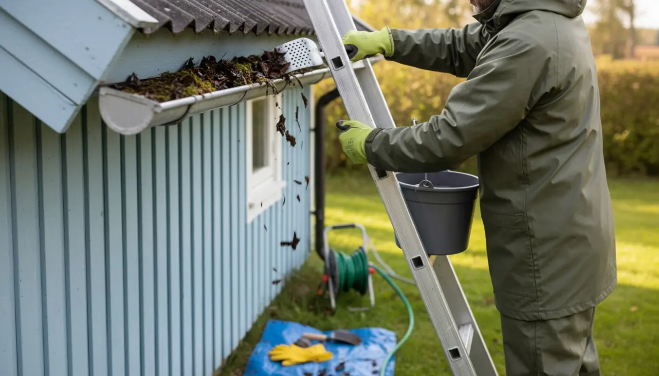 Person renser tagrende på et lille sommerhus fra en stige, hænder i handsker fjerner blade og mos.
