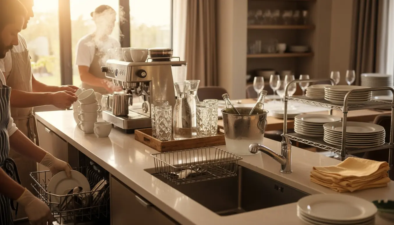 Hænder hælder kaffe, stabler glas og vasker tallerkener i et travlt køkken til en fødselsdag.