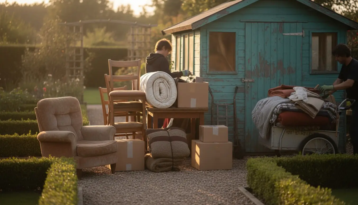 Møbler og effekter samlet udenfor et kolonihavehus på en smal sti, klar til afhentning på en lille transportvogn.