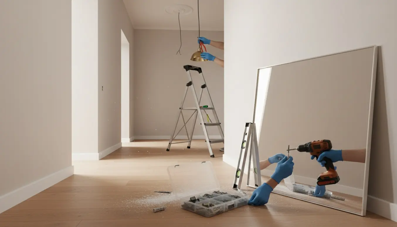 Hænder monterer spejl med boremaskine og plugs og opsætter loftslampe i en lys gang.