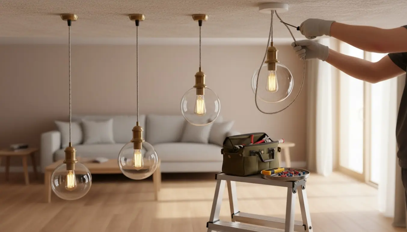 Tre pendellamper monteres i et lyst rum med stige og værktøj.