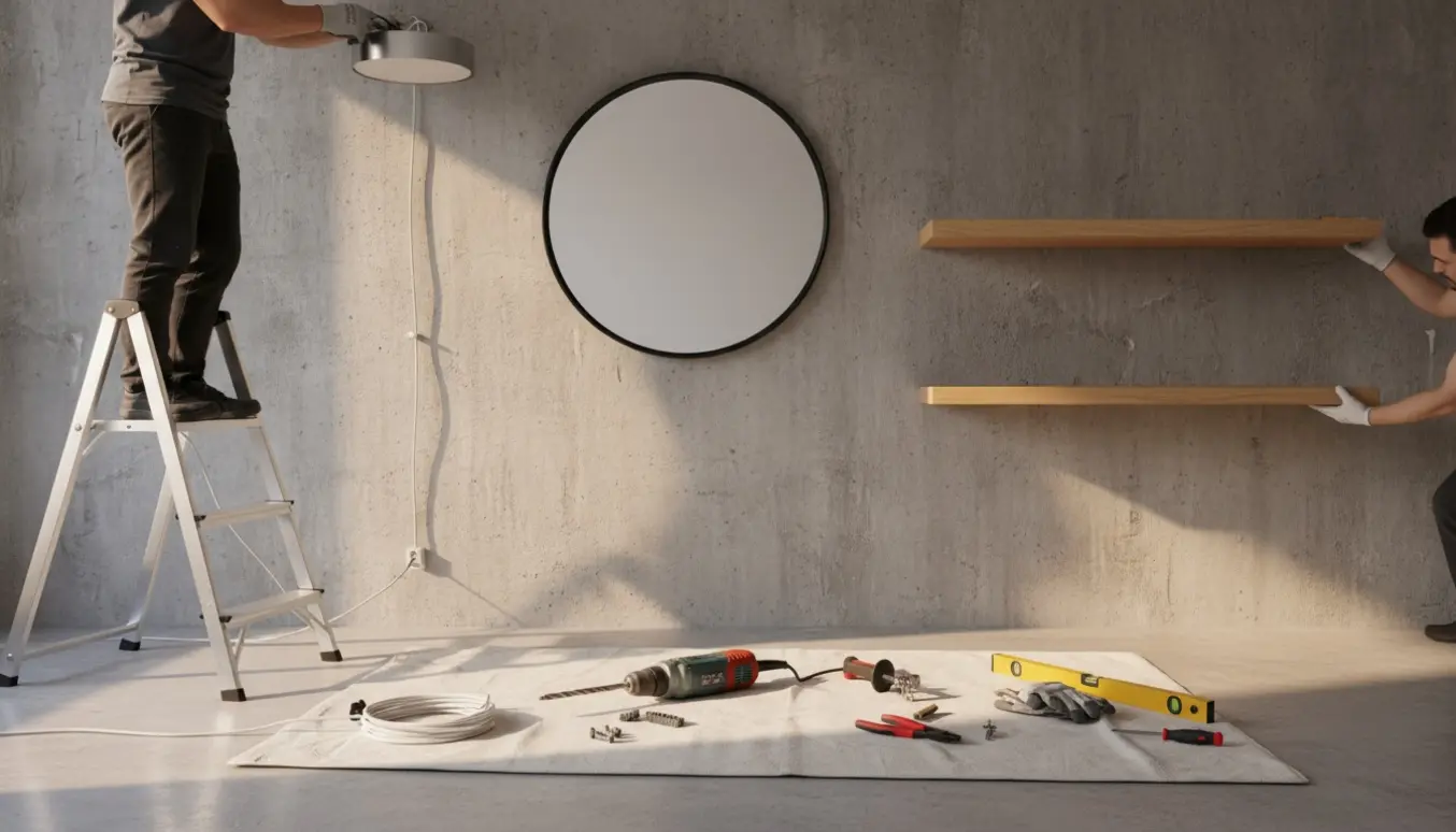 Hænder på en lille stige monterer en loftslampe ved en rå betonvæg med et hængt spejl og to små hylder.